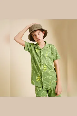 JACK & JONES Boys Green Printed Dobby Knit Shirt