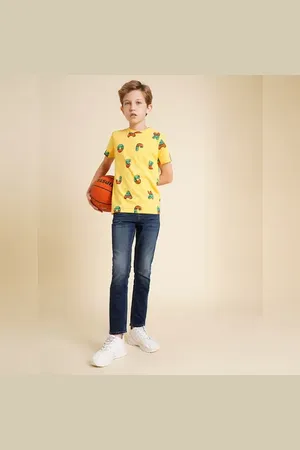 JACK & JONES Boys Yellow Printed Cotton T-shirt