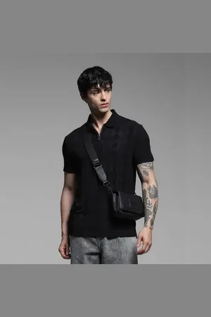 JACK & JONES Black Textured Zip-Up Polo