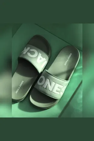 JACK & JONES Green Big Logo Print Pool Sliders