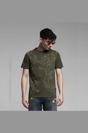JACK & JONES Olive Embroidered Print Cotton T-shirt