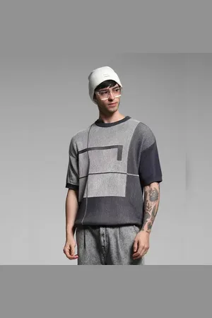 JACK & JONES Grey Knitted Geometric Print T-Shirt