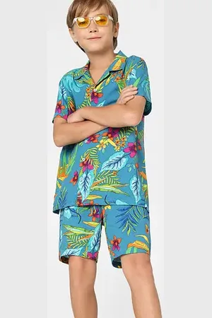 JACK & JONES Boys Green Printed Short Sleeves Shirt