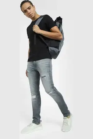 JACK & JONES Grey Low Rise Distressed Liam Skinny Jeans