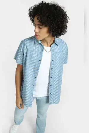 JACK & JONES Blue Printed Short Sleeves Denim Shirt