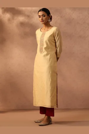 Straight Kurti - Beige colour with golden printed jacket