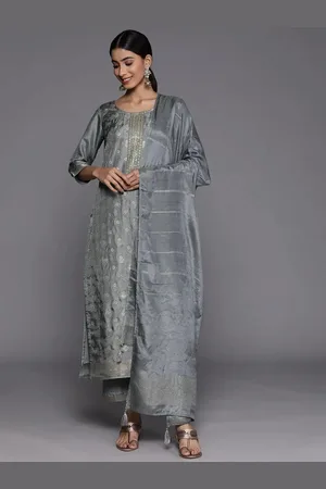 Libas Grey Embroidered Silk Blend Straight Kurta With Trousers & Dupatta