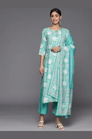 Libas Blue Printed Silk Blend Straight Kurta With Trousers & Dupatta