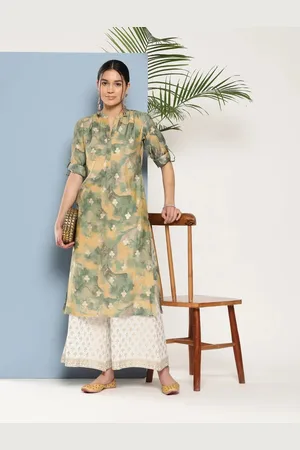 Libas Green Printed Silk Straight Kurta