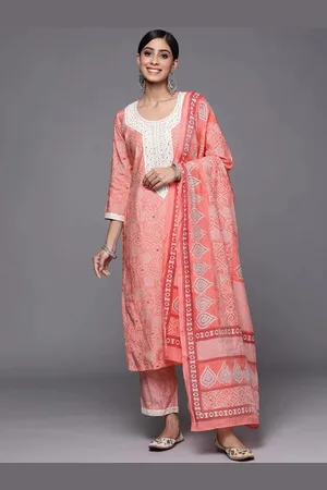 Libas Pink Printed Silk Blend Straight Kurta With Trousers & Dupatta