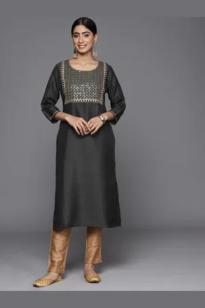Libas Grey Embroidered Silk Straight Kurta