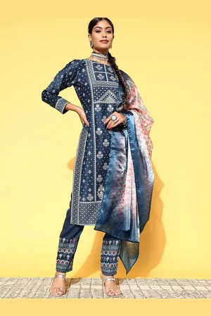 Libas Blue Printed Silk Blend Straight Kurta With Dupatta