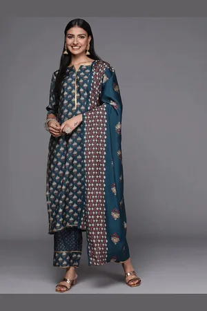 Libas Blue Printed Silk Blend Straight Kurta With Trousers & Dupatta