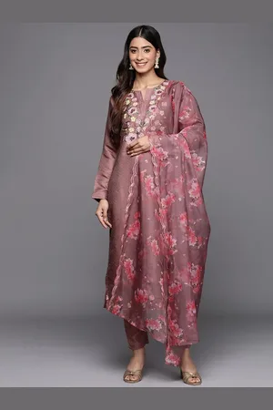 Libas Mauve Yoke Design Silk Blend Straight Kurta With Trousers & Dupatta