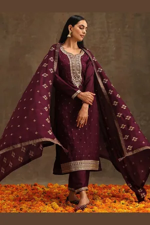 Libas Purple Embroidered Silk Blend Straight Kurta With Trousers & Dupatta