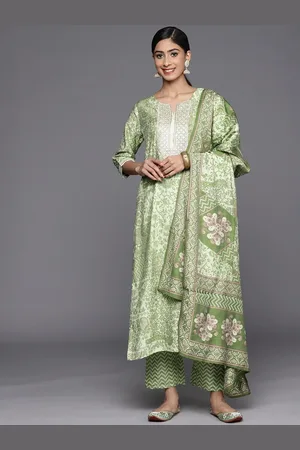 Libas Green Printed Silk Blend Straight Kurta With Dupatta