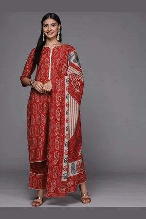Libas Red Printed Silk Blend Straight Kurta With Dupatta