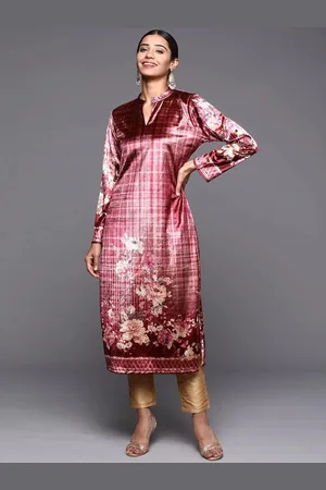 Libas Pink Printed Velvet Straight Kurta