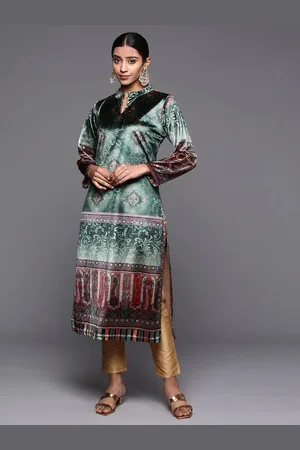 Libas Green Printed Velvet Straight Kurta