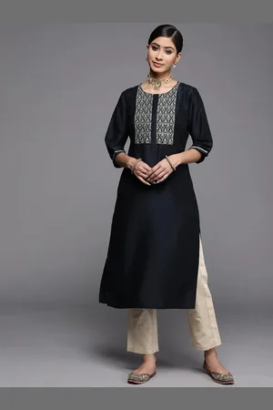 Libas Navy Blue Embroidered Silk Kurta
