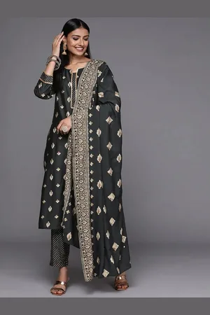 Libas Charcoal Printed Silk Blend Straight Kurta With Dupatta