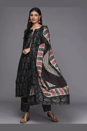 Libas Black Printed Silk Blend Straight Kurta With Dupatta