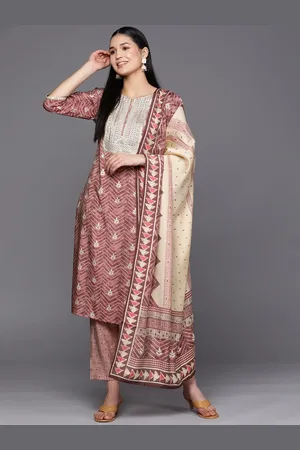 Libas Mauve Yoke Design Silk Blend Straight Kurta With Trousers & Dupatta