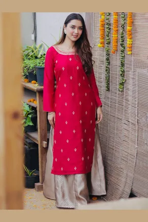 Libas Magenta Embroidered Silk Straight Kurta