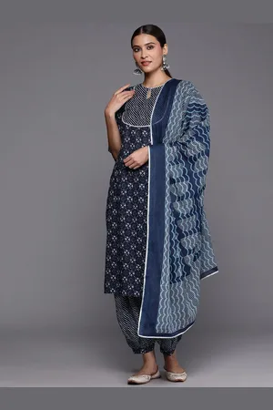 Libas Blue Yoke Design Cotton Straight Kurta With Salwar & Dupatta