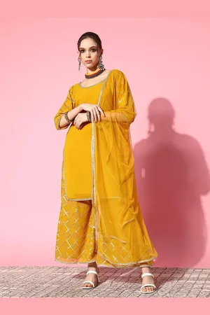 Libas Yellow Solid Georgette Straight Kurta With Palazzos & Dupatta
