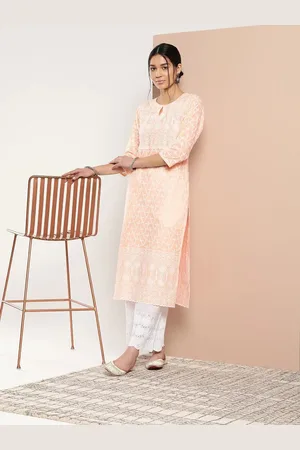 Libas Peach Embroidered Cotton Straight Kurta