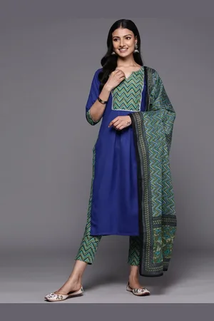 Libas Blue Yoke Design Cotton Straight Kurta With Trousers & Dupatta