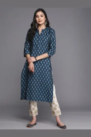 Libas Blue Printed Silk Straight Kurta