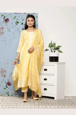 Libas Yellow Self Design Silk Blend Straight Kurta With Trousers & Dupatta