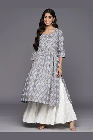 Libas Grey Embellished Rayon A-Line Kurta