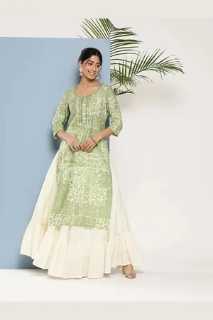 Libas Green Printed Silk Straight Kurta