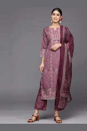 Libas Purple Printed Crepe Straight Kurta With Trousers & Dupatta