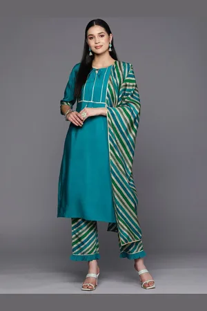 Libas Blue Yoke Design Silk Blend Straight Kurta With Trousers & Dupatta