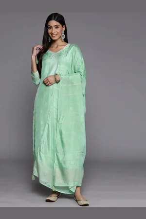 Libas Green Self Design Silk Blend Straight Kurta With Trousers & Dupatta
