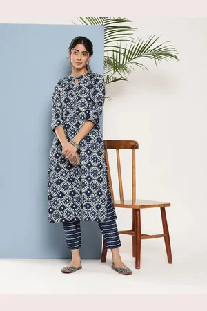 Libas Blue Printed Cotton Straight Kurta