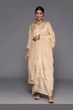 Libas Beige Self Design Silk Blend Straight Kurta With Trousers & Dupatta