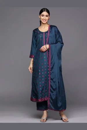 Libas Navy Blue Self Design Silk Blend Straight Kurta With Trousers & Dupatta