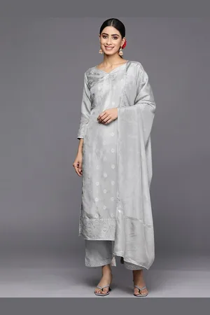 Libas Grey Self Design Silk Blend Straight Kurta With Trousers & Dupatta