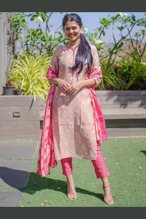 Libas Pink Printed Silk Blend Straight Kurta With Trousers & Dupatta