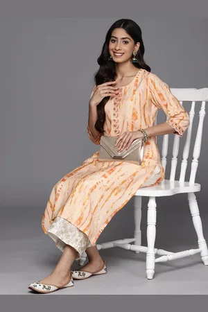 Libas Orange Printed Silk Straight Kurta