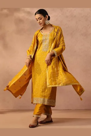 Libas Yellow Embroidered Silk Blend Straight Kurta With Trousers & Dupatta