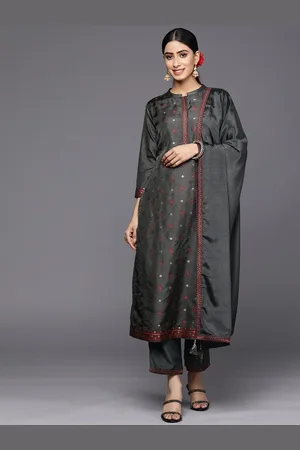 Libas Grey Self Design Silk Blend Straight Kurta With Trousers & Dupatta