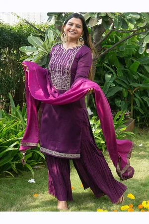 Libas Purple Yoke Design Silk Blend Straight Sharara Suit Set With Dupatta