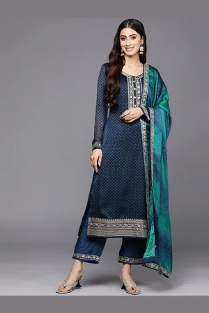 Libas Blue Printed Chiffon Straight Kurta With Trousers & Dupatta