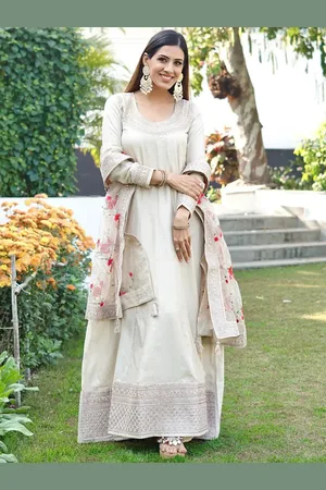 Libas Off-White Embroidered Silk Anarkali Kurta With Trousers & Dupatta